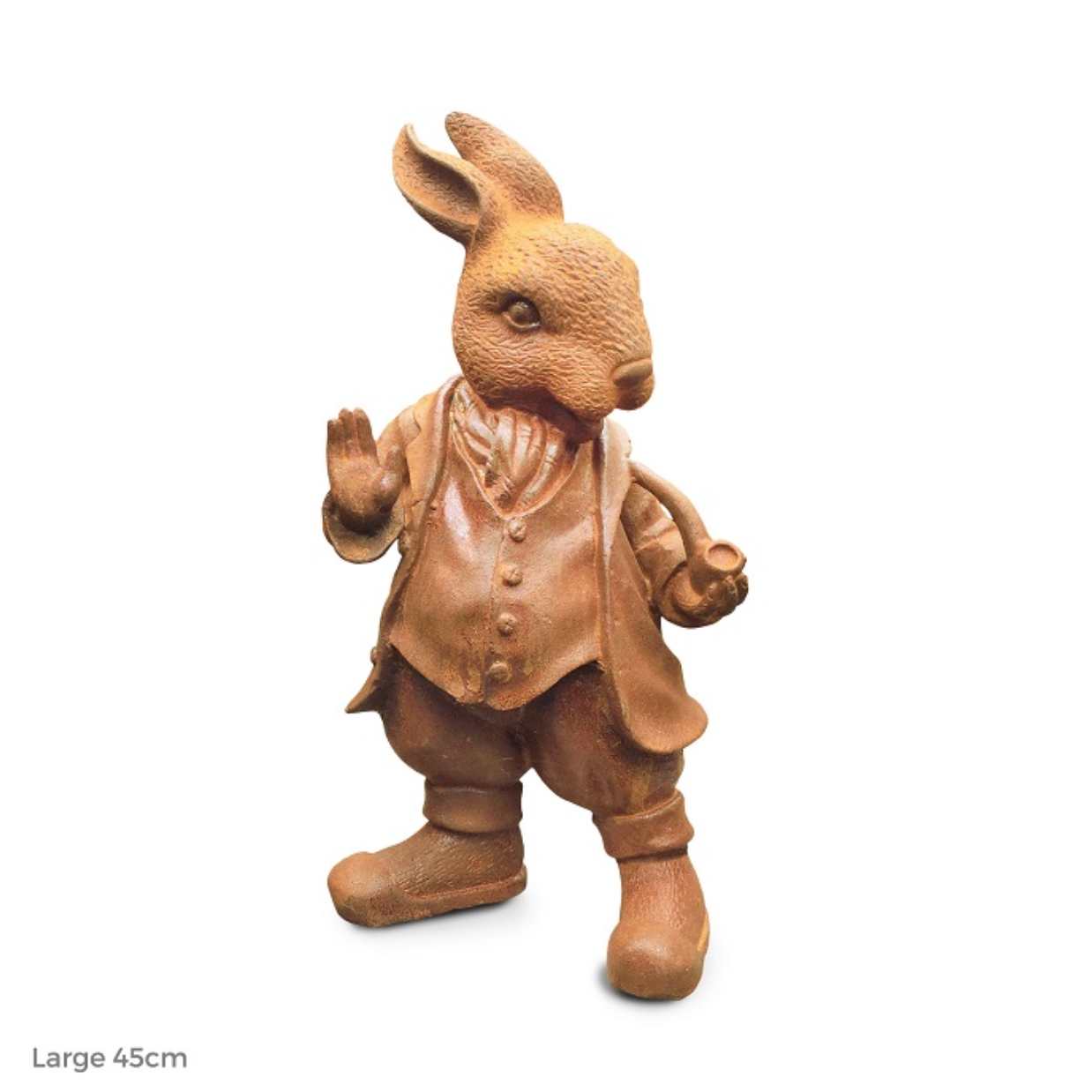 Cast iron Mad Hatter rabbit figurine wearing a suit on a white background