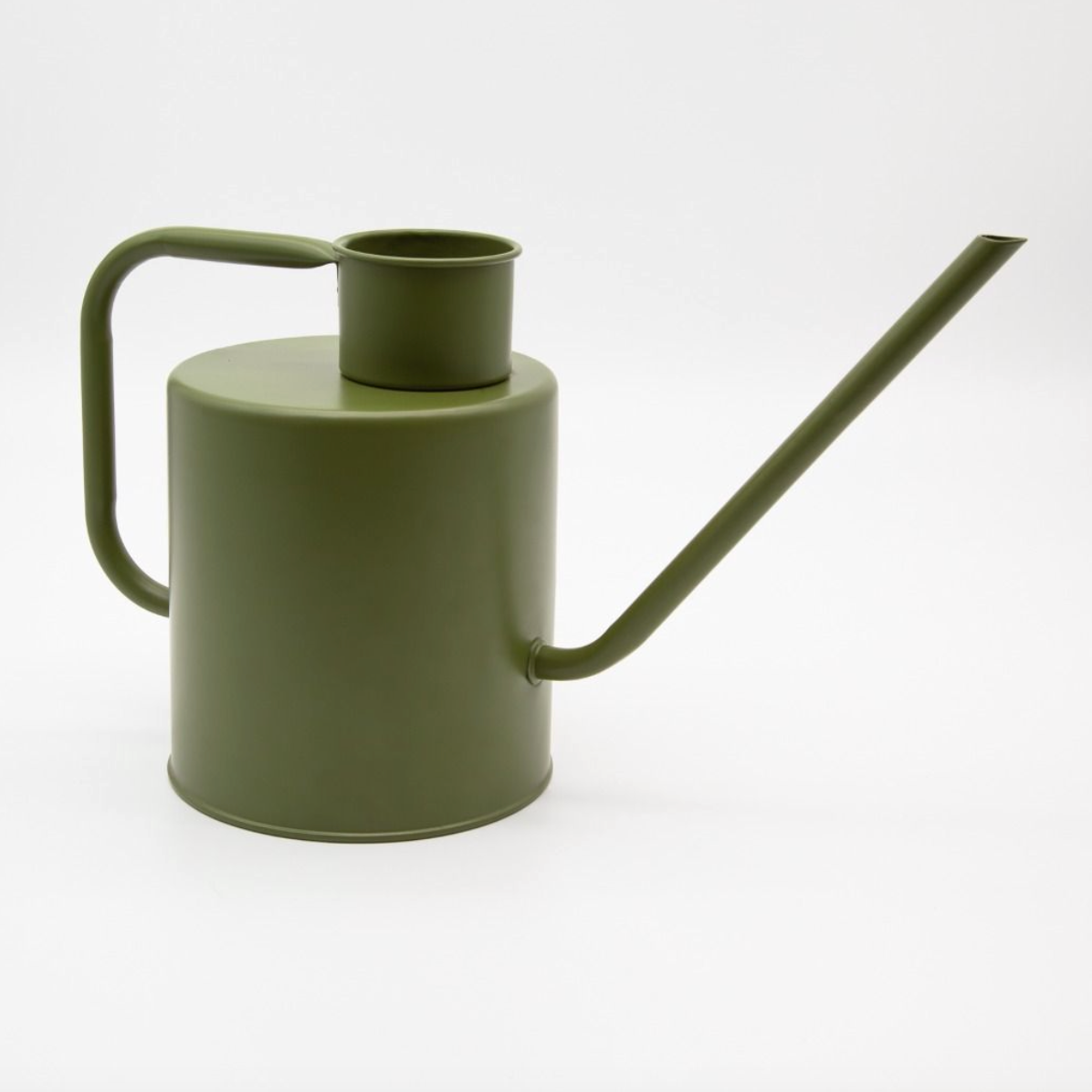 Green watering can on a white background
