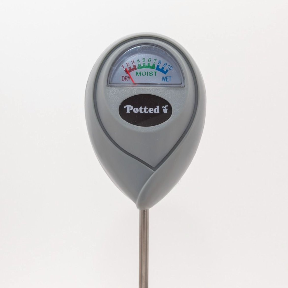 Gray soil moisture meter with brand logo on a white background