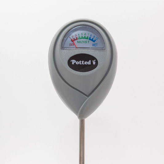 Gray soil moisture meter with brand logo on a white background