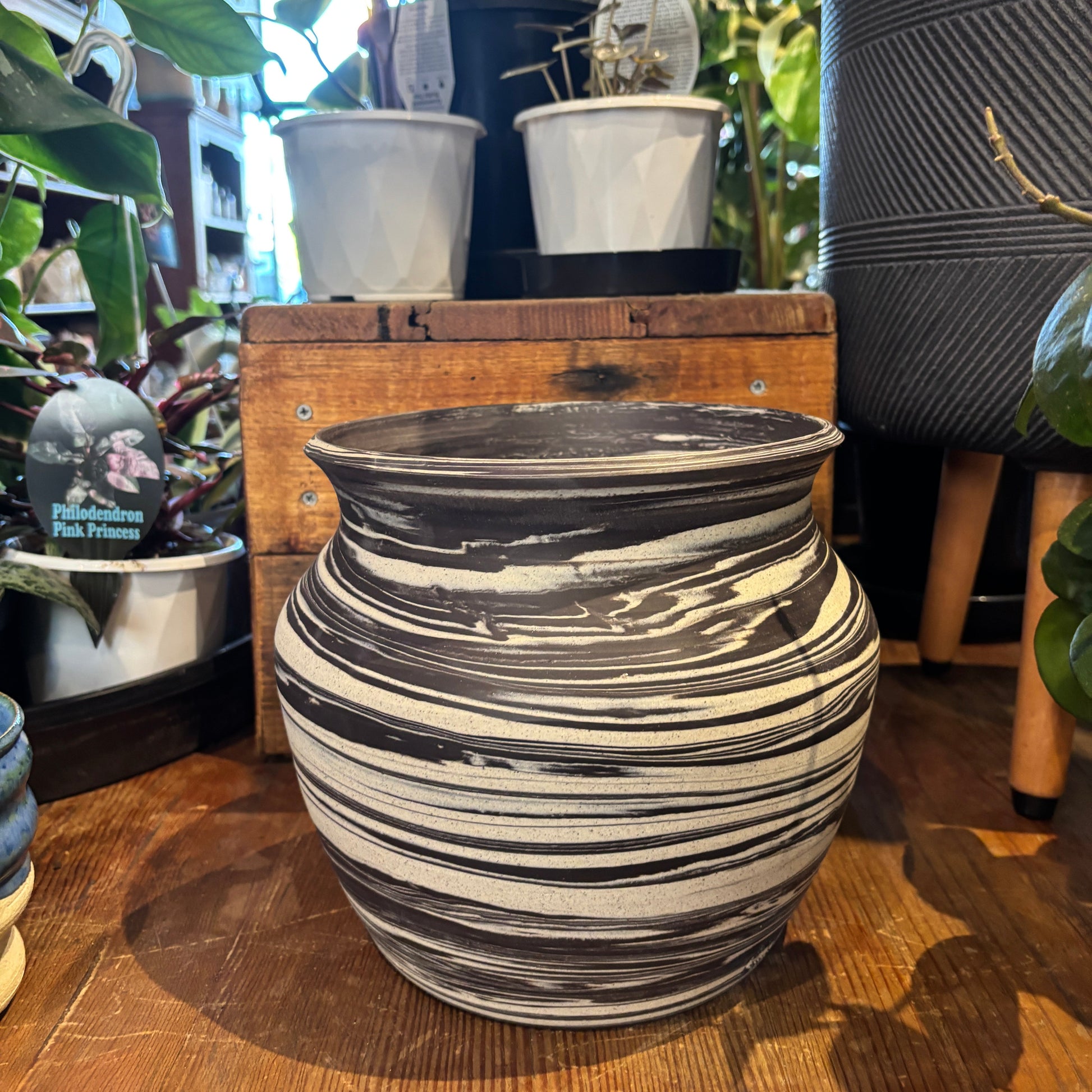 Decorative vase on a wooden surface with plants in the background