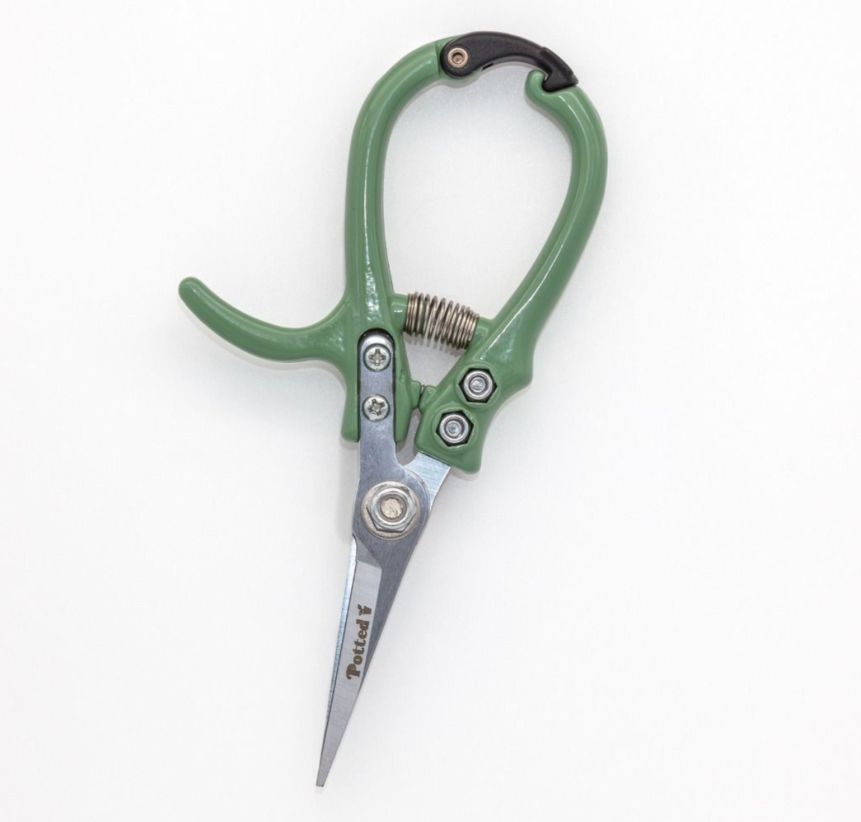Green gardening shears on a white background