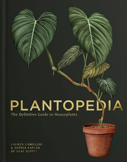 Plantopedia book cover featuring an illustrated potted houseplant on a dark background with gold title text.