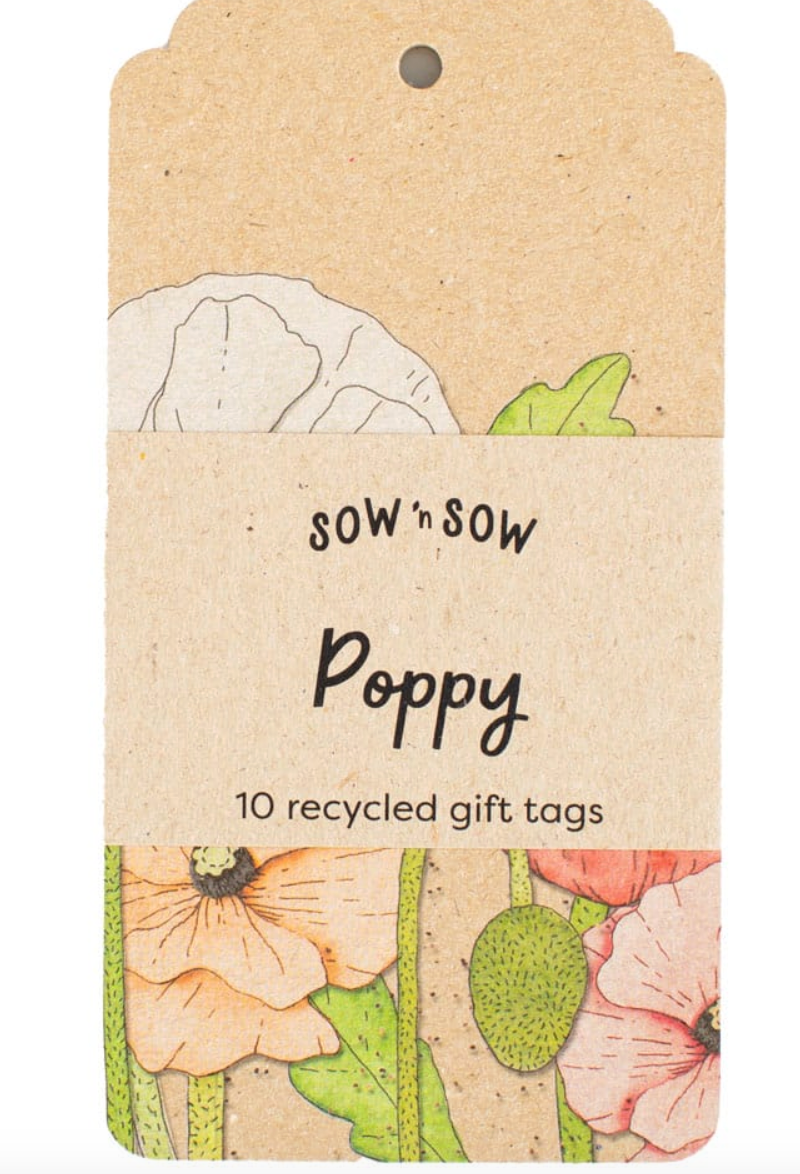 Recycled gift tags with floral design and 'Sow n Sow' branding on a beige background