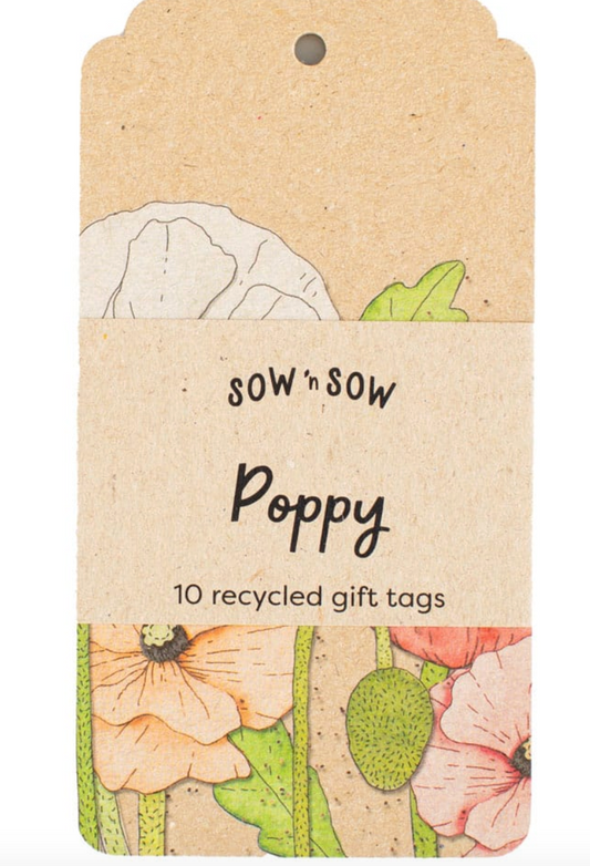 Recycled gift tags with floral design and 'Sow n Sow' branding on a beige background
