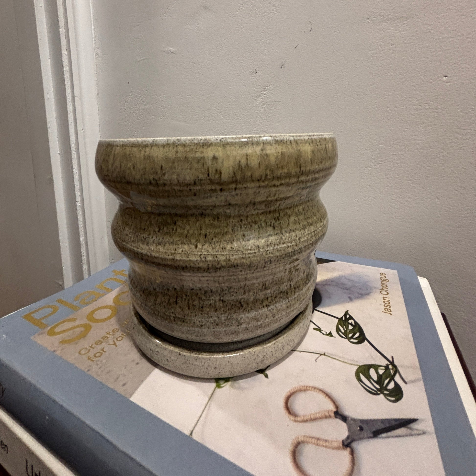 A handmade ceramic planter with a matching saucer, featuring a textured, ribbed design in oatmeal glaze tones, displayed on top of books against a plain wall.