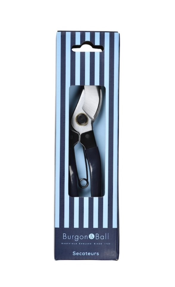 Pruning shears in a Burgon & Ball packaging box with blue and white striped design.
