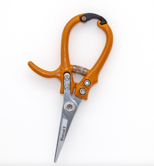 Pair of pruning shears with orange handles on a white background