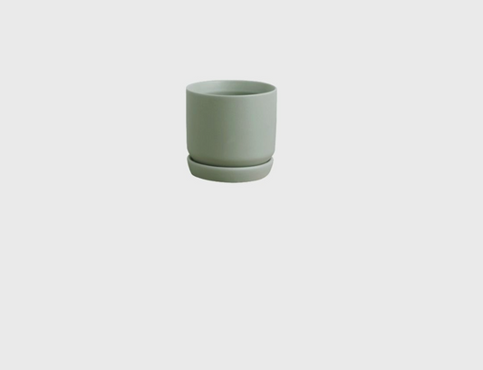 Green ceramic cup on a white background