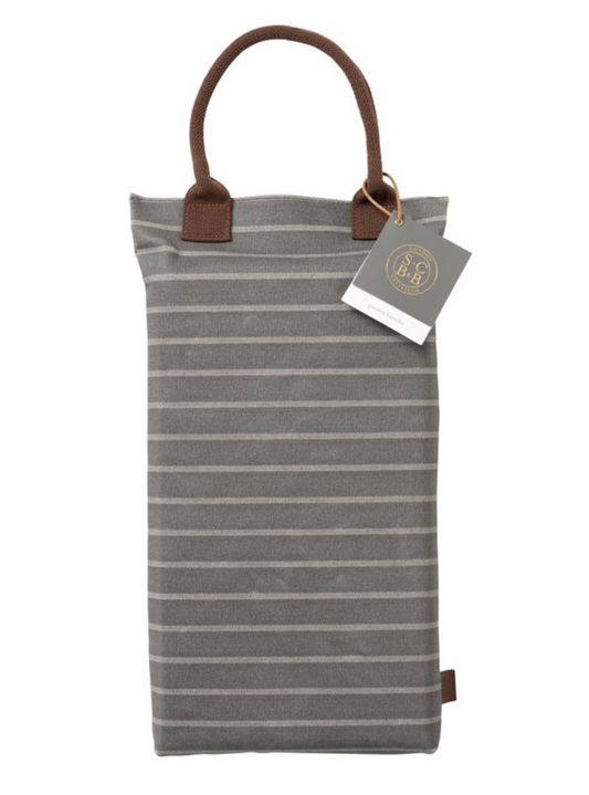 Striped cushion to kneel on in the garden with brown handles and tag on a white background