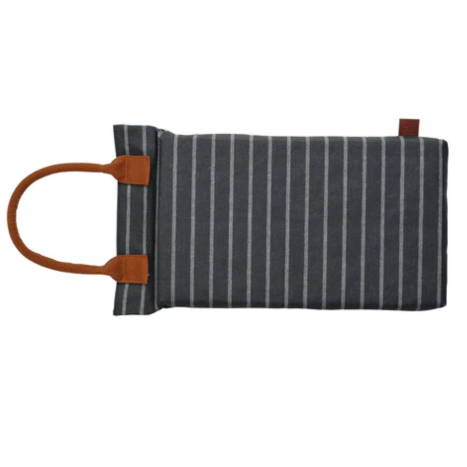 Striped garden kneeler cushion with brown handles on a white background