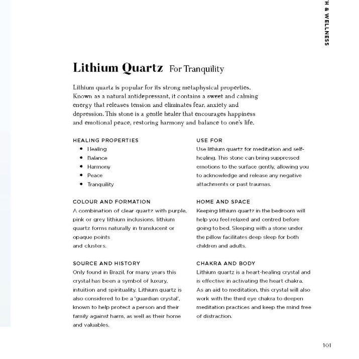 Lithium Quartz crystal with text on a white background