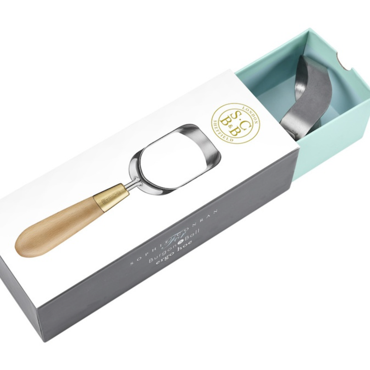 A B&G branded garden hoe with a gold-toned handle and silver metal blade, presented in its white and gray gift box with a light blue interior on a white background.