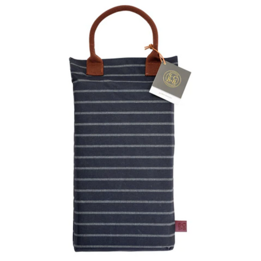 Navy striped garden kneeler cushion with brown handle and tag on a white background