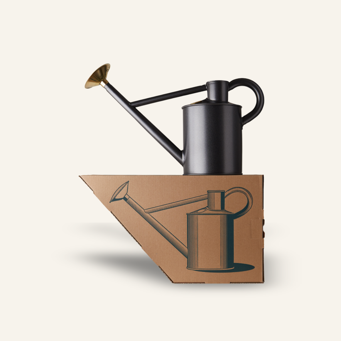 Black watering can on a cardboard stand with a graphic of a watering can on a white background