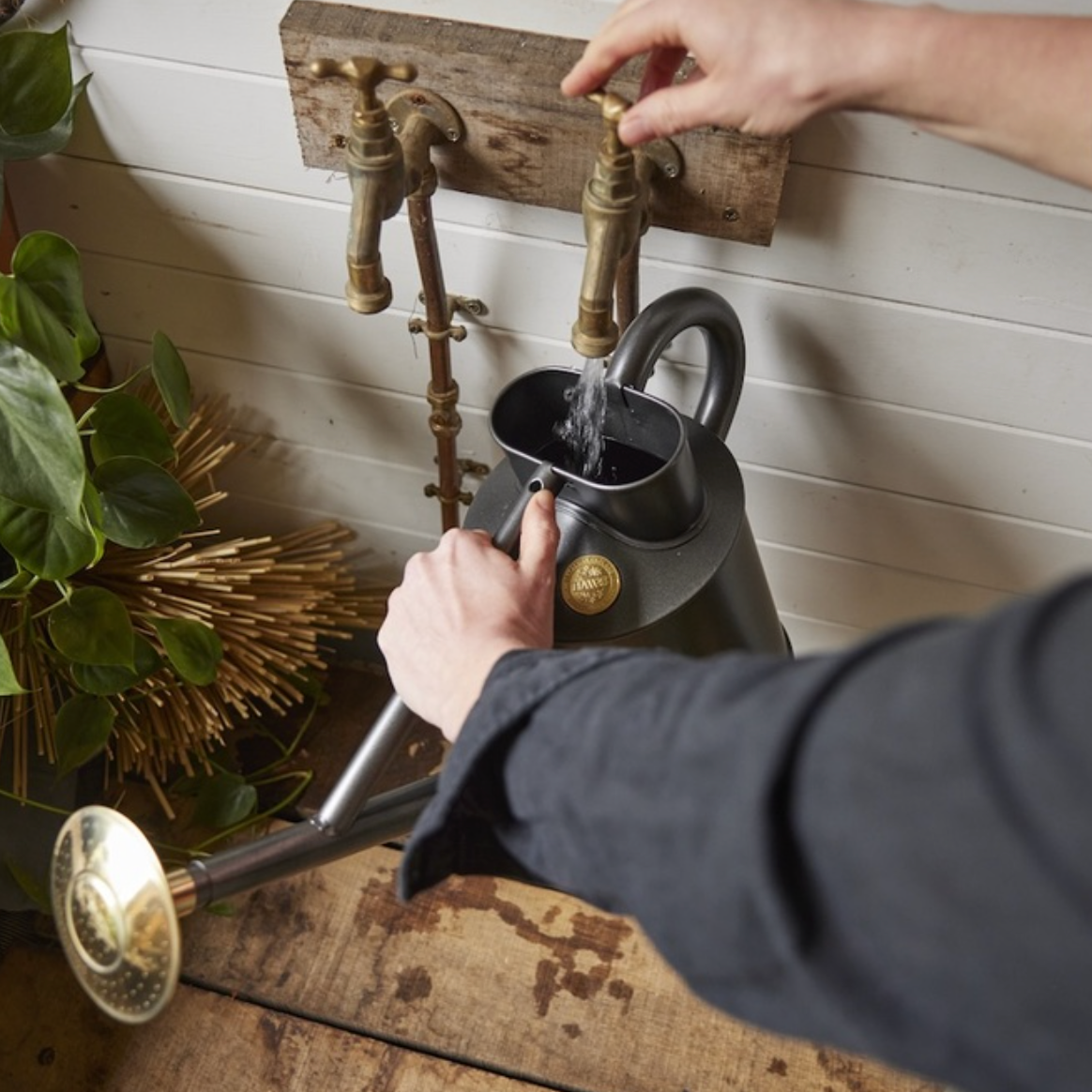 Person using a vintage-style water pump to fill a watering can with plants nearby.