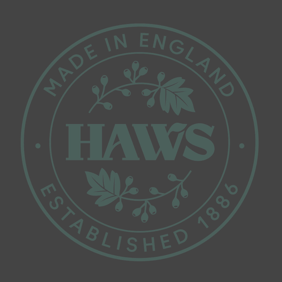Haws brand logo with 'Made in England' and establishment year on a dark background