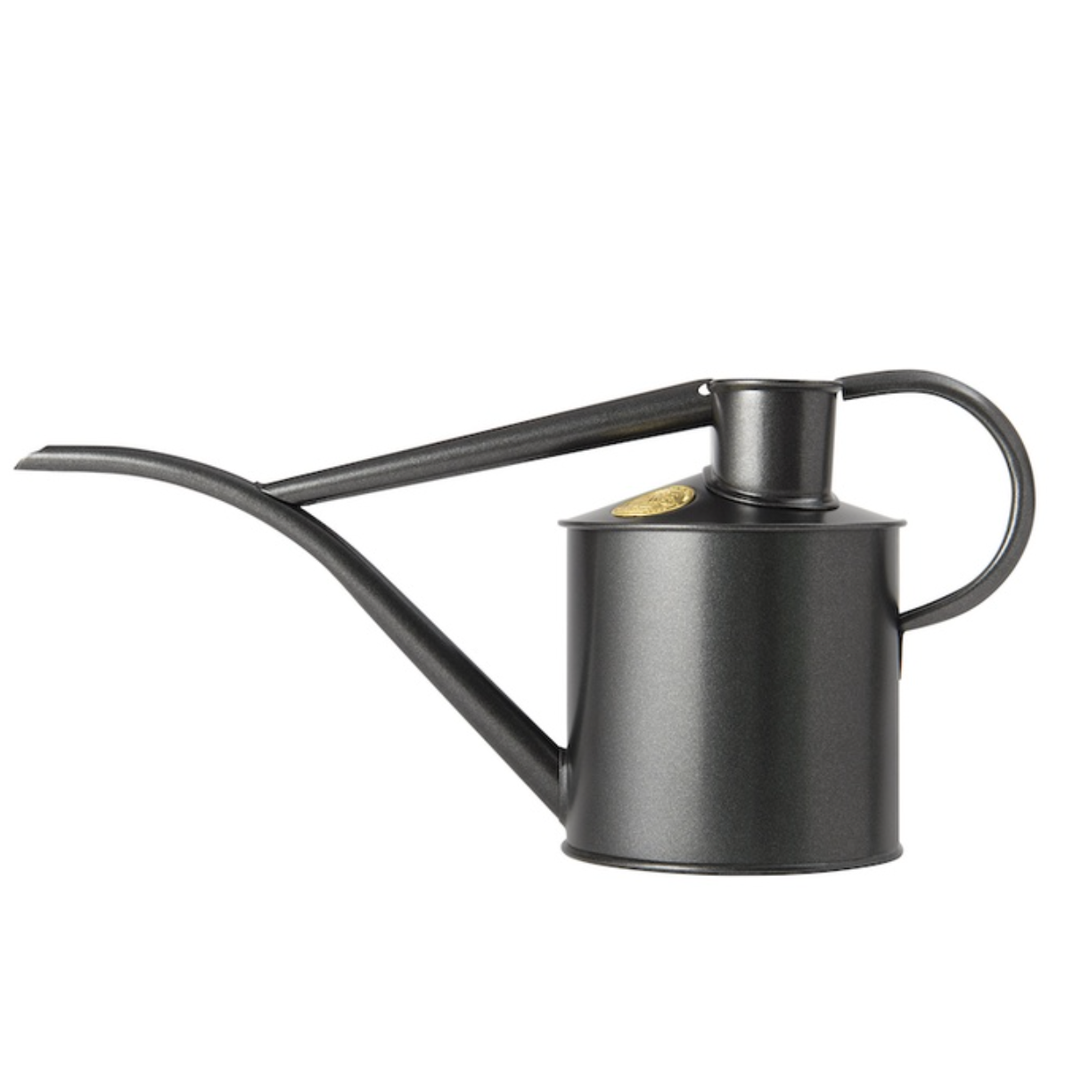 Black metal watering can on a white background