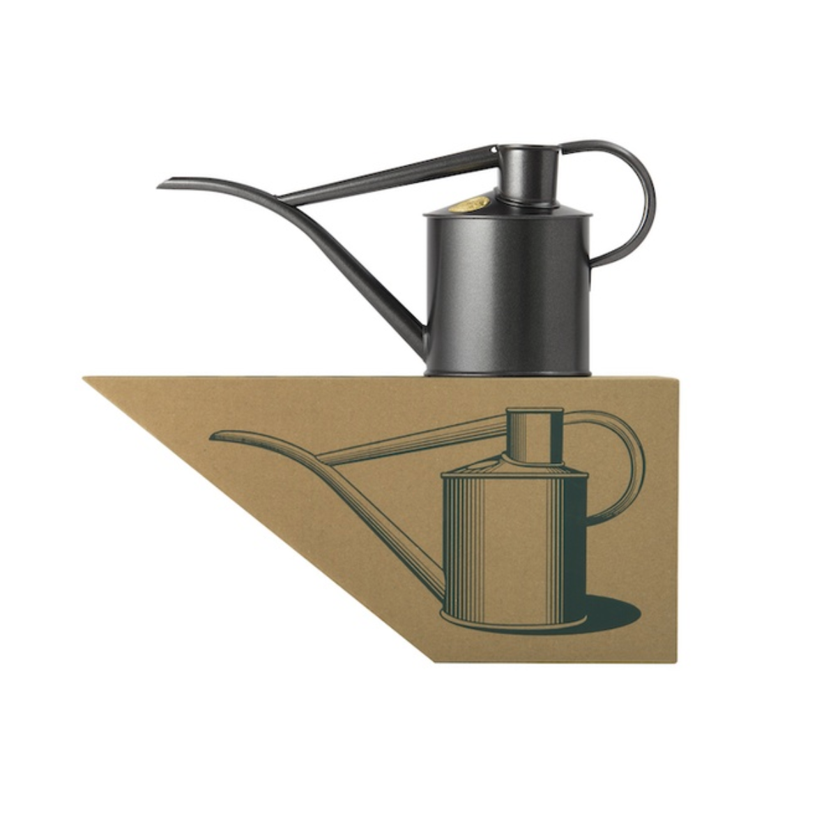 A matte black metal watering can with a long spout and top handle, shown resting on top of a tan cardboard box that features a printed illustration of the same watering can.