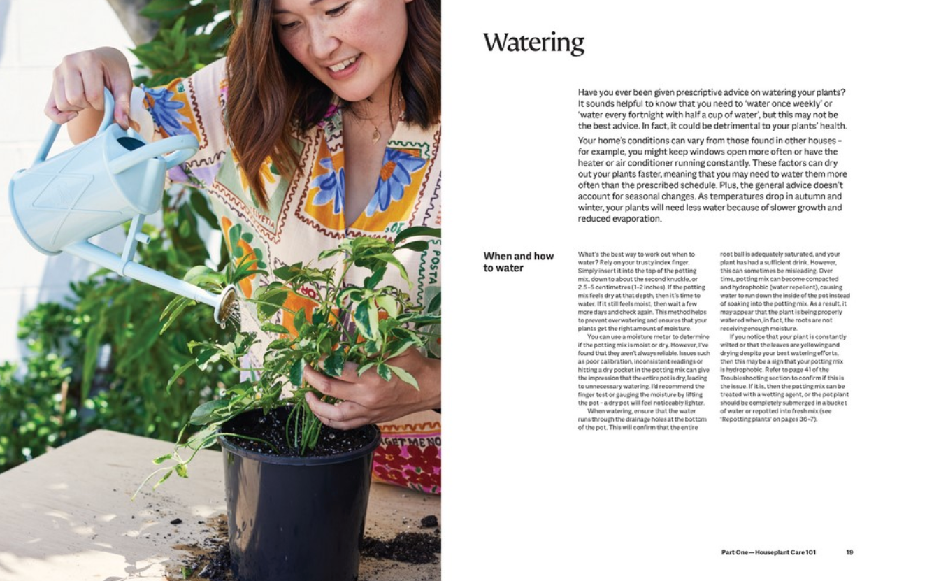 A printed informational page titled 'Watering' showing a woman watering a potted plant on the left and columns of text on the right. The page appears to be from a gardening or home-care publication.