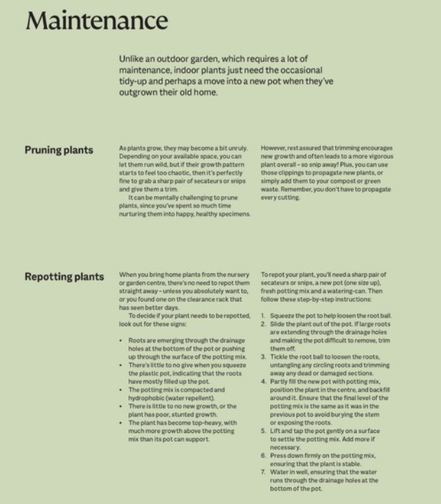 A printed informational page titled 'Maintenance' with text about caring for indoor plants and a six-panel photo collage showing hands watering potted plants.