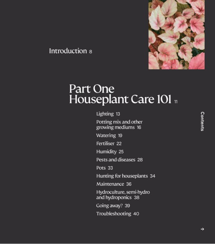 A book or booklet page with a dark charcoal background, white text reading 'Introduction' and 'Part One Houseplant Care 101,' plus a small floral photo in the top-right corner.