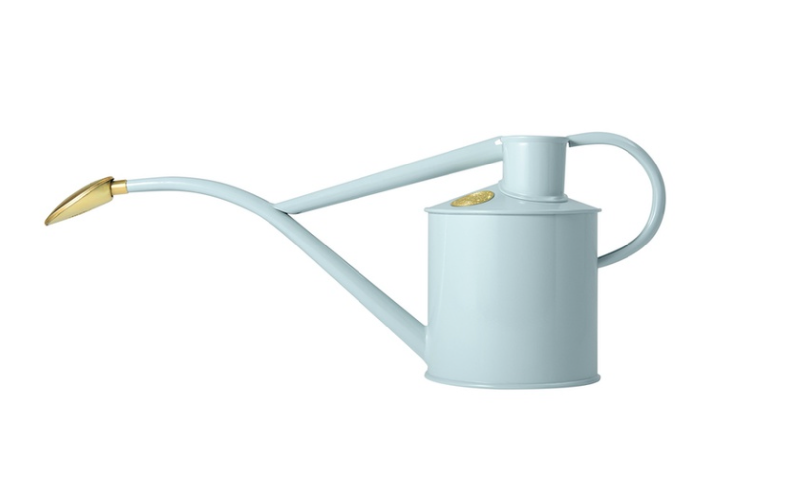 Pale Blue watering can with a gold nozzle on a white background