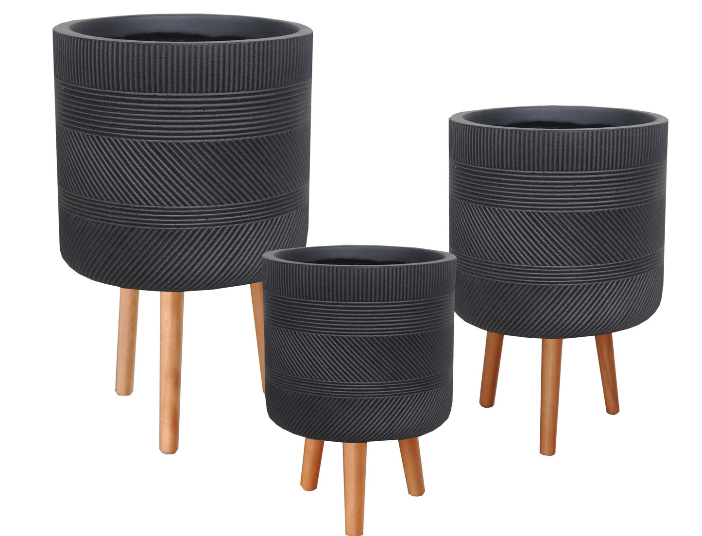 Three black textured planters with wooden legs on a white background