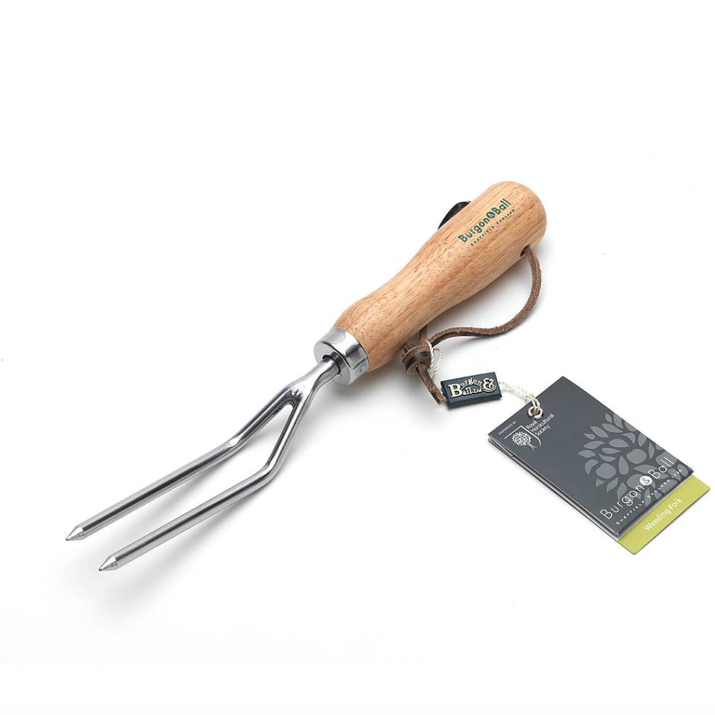 Gardening tool with wooden handle and metal prongs, featuring a brand tag, on a white background.