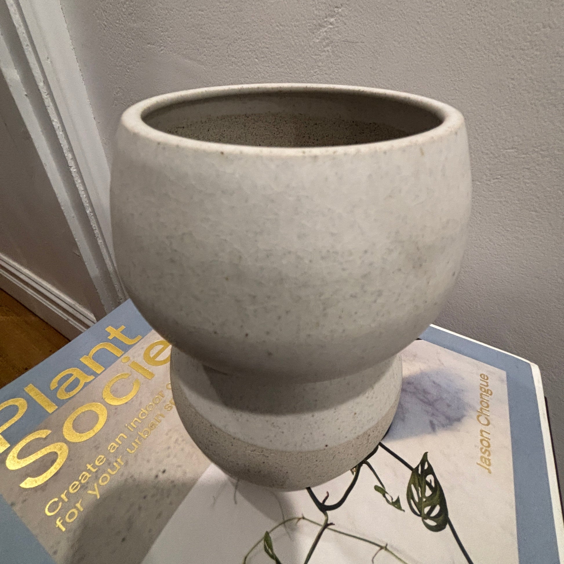 A light white/grey speckled ceramic planter pot with a flared base, resting on a book titled "Plant Society" against a textured gray wall.