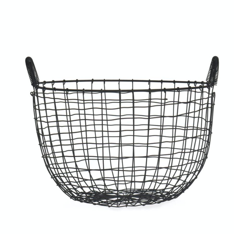 Black wire basket with handles on a white background