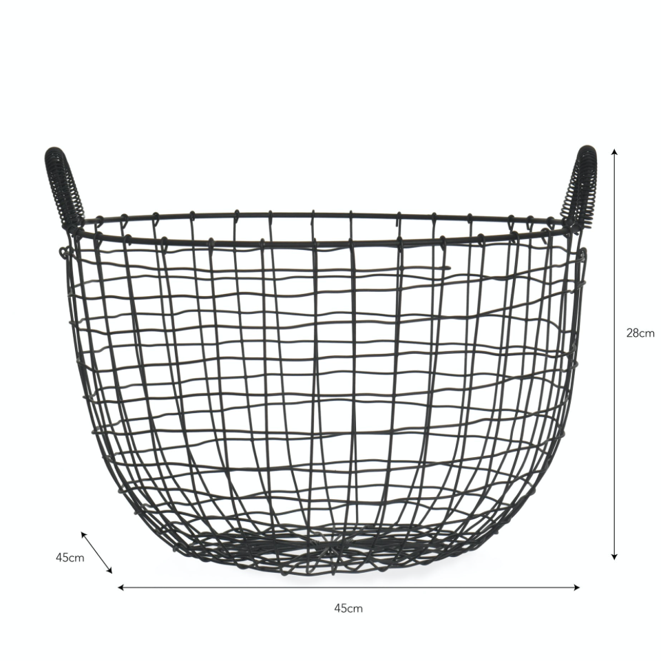 Black wire basket with handles and dimensions on a white background