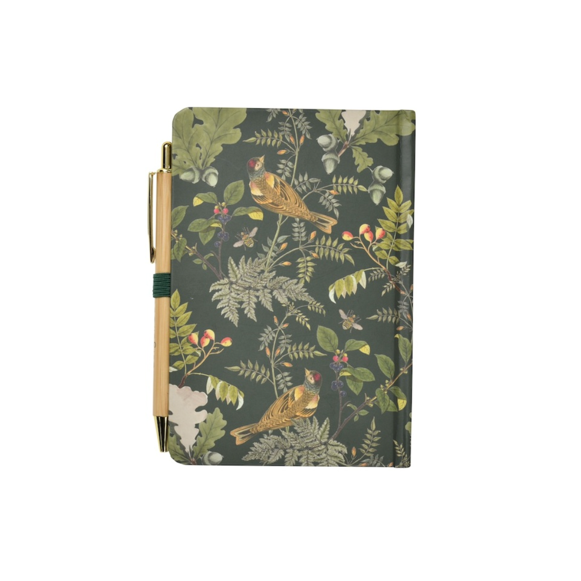 Notebook with nature-themed design featuring birds and foliage on a white background