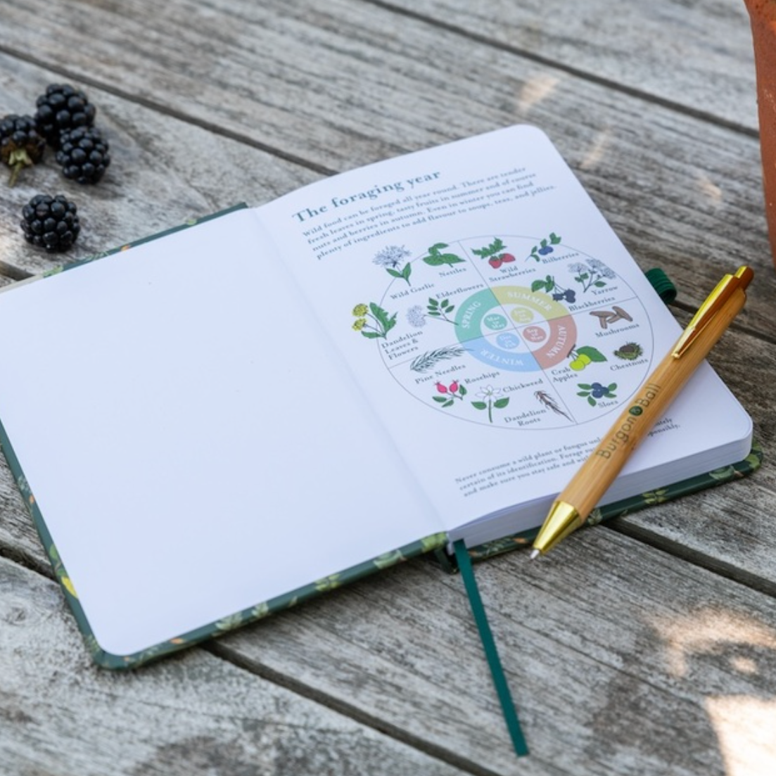 Open notebook with garden-themed pages on a wooden surface with a pen and plant pot.