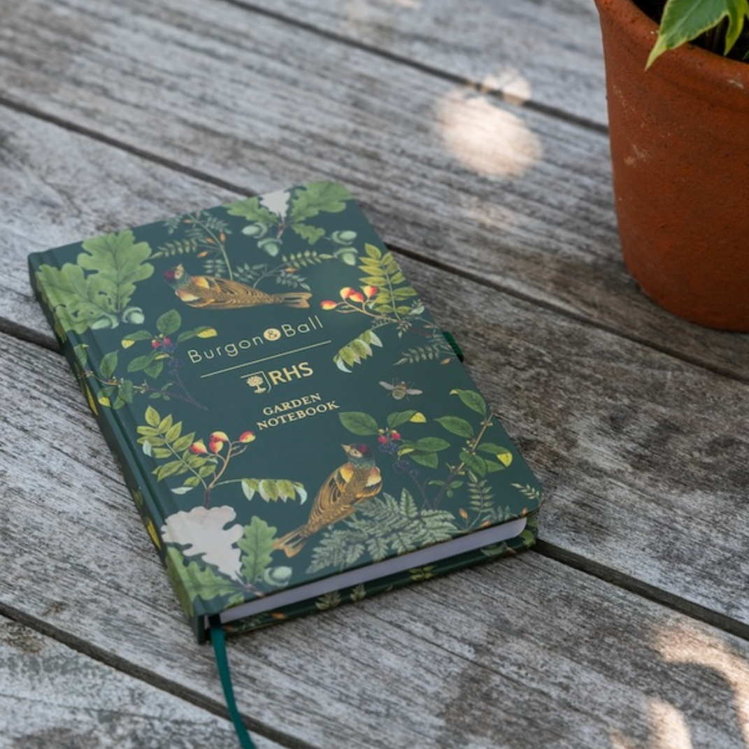 Notebook with nature-themed cover on a wooden surface with blackberries and a plant.