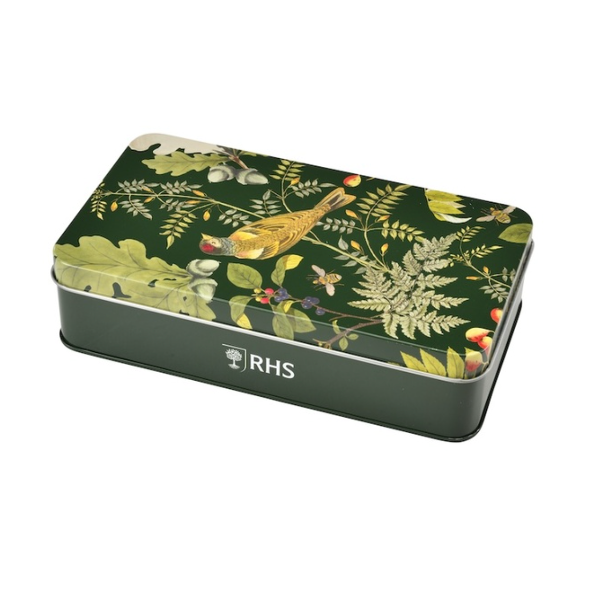 Rectangular tin box with nature-themed design and RHS logo on a white background