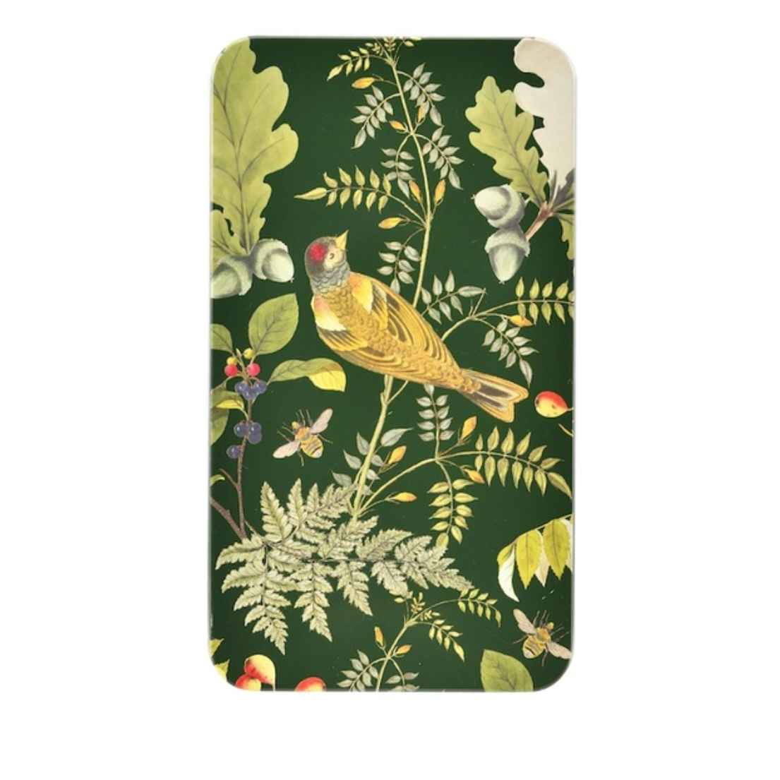 Case with nature-themed design featuring birds and foliage on a green background