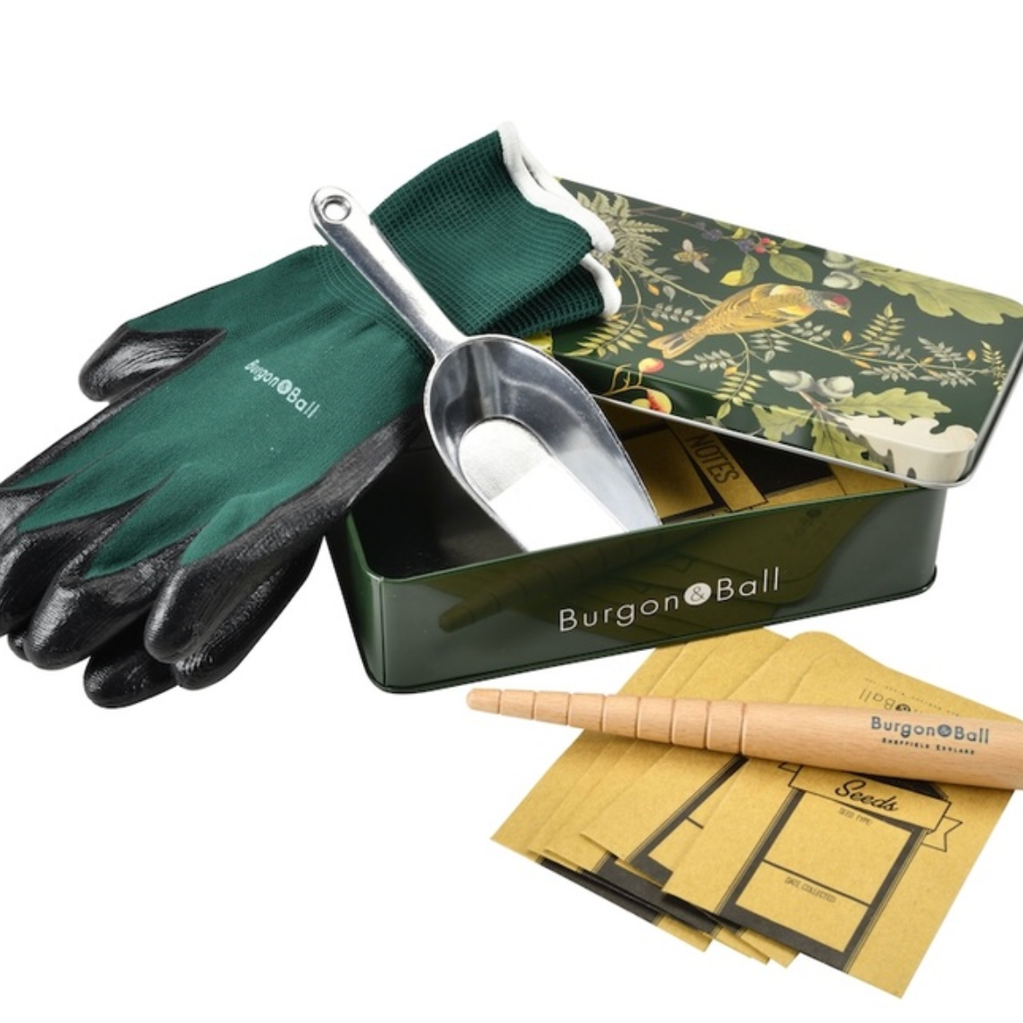 Gardening tools including gloves, a scoop, and a roller with Burgon & Ball branding on a white background.