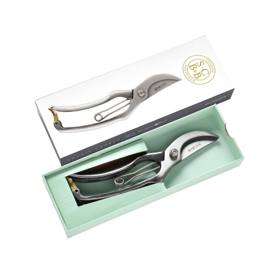 Pair of shears in a green box with a white background