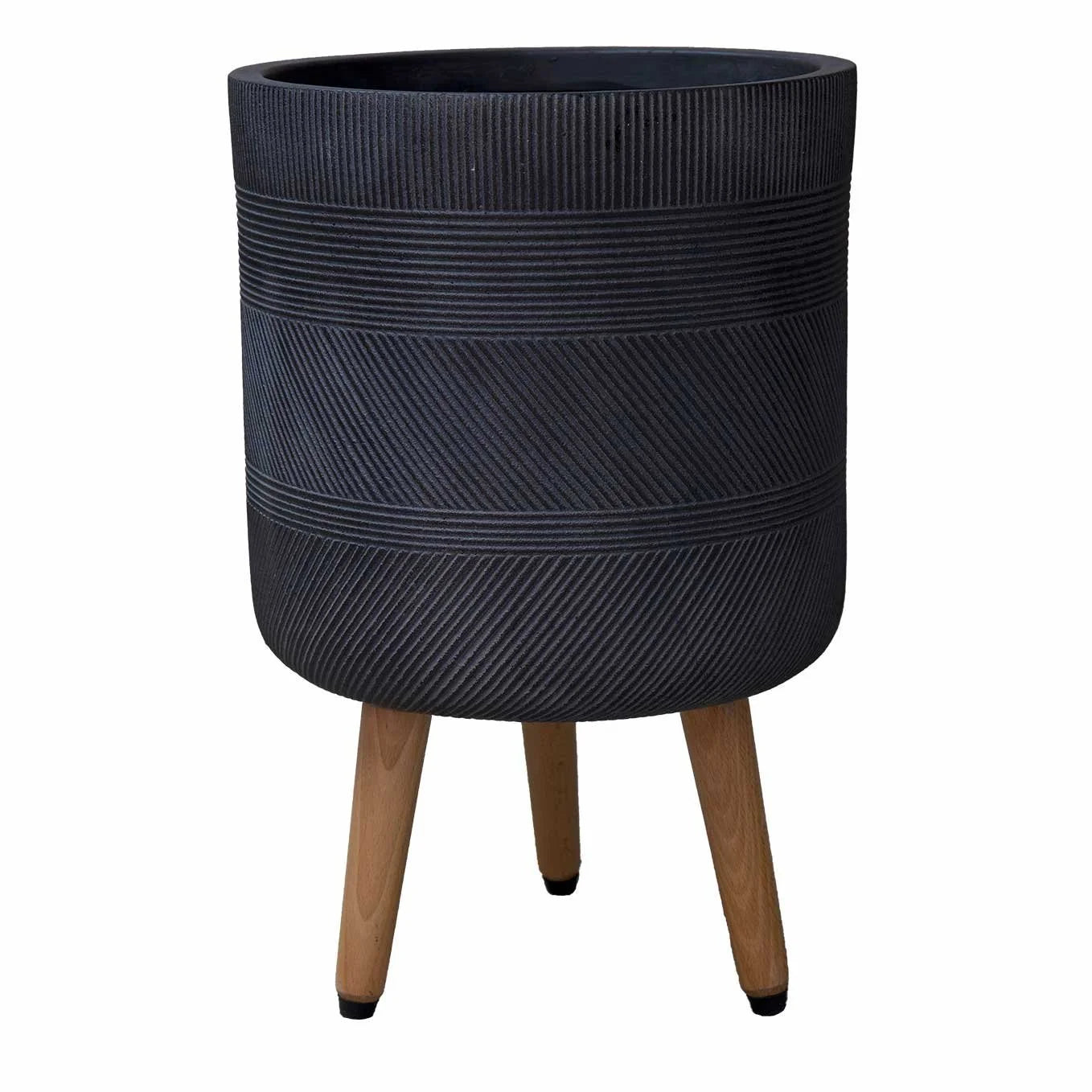 Black textured planter with wooden legs on a white background