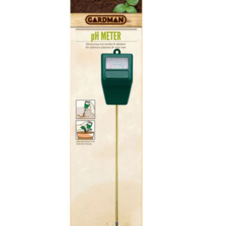 Gardman brand pH meter packaging, with an illustration of the pH meter probe and soil, and product information.